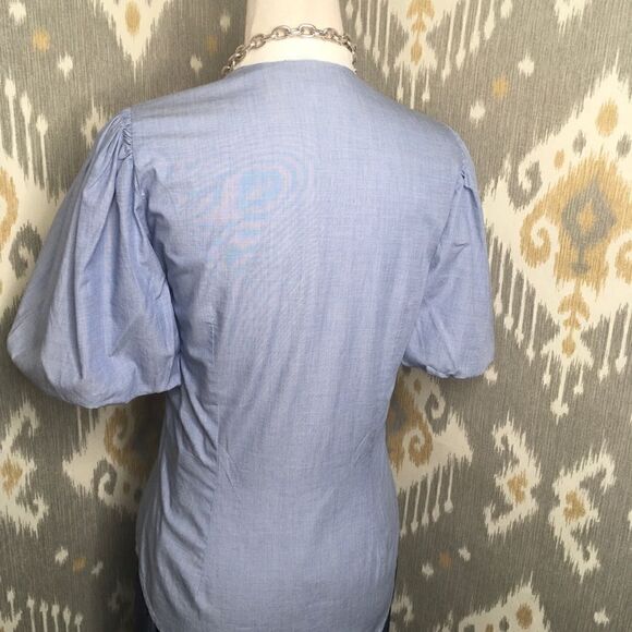 Ralph Lauren Blue & Off White Pouf Sleeve Bib Front Cotton Tuxedo Blouse - Picture 13 of 13